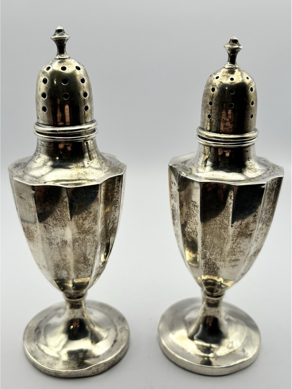 Vintage Sterling Silver Salt Pepper Shakers Pair Faceted Urn Pedestal 92.49g